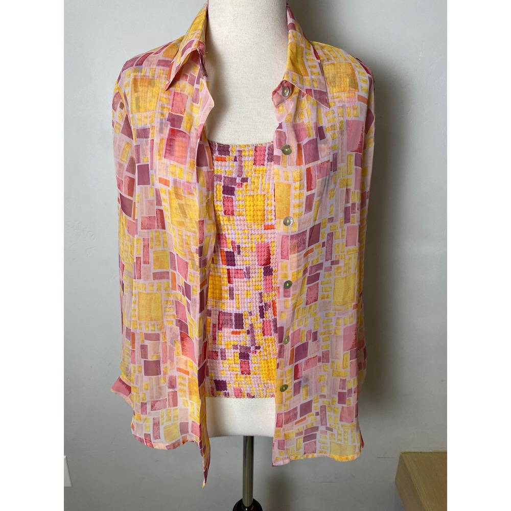 Nicola Y2K 2-Piece Set Sheer Blouse & Stretchy Tank Top Yellow Pink Geometric M